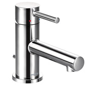 Chrome single-handle bathroom faucet with cylindrical body, one spout, and red and blue indicator dots on upper valve.