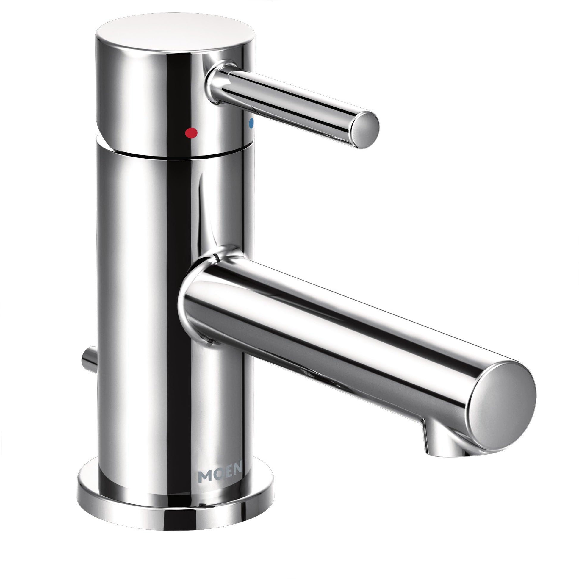 Chrome single-handle bathroom faucet with cylindrical body, one spout, and red and blue indicator dots on upper valve.