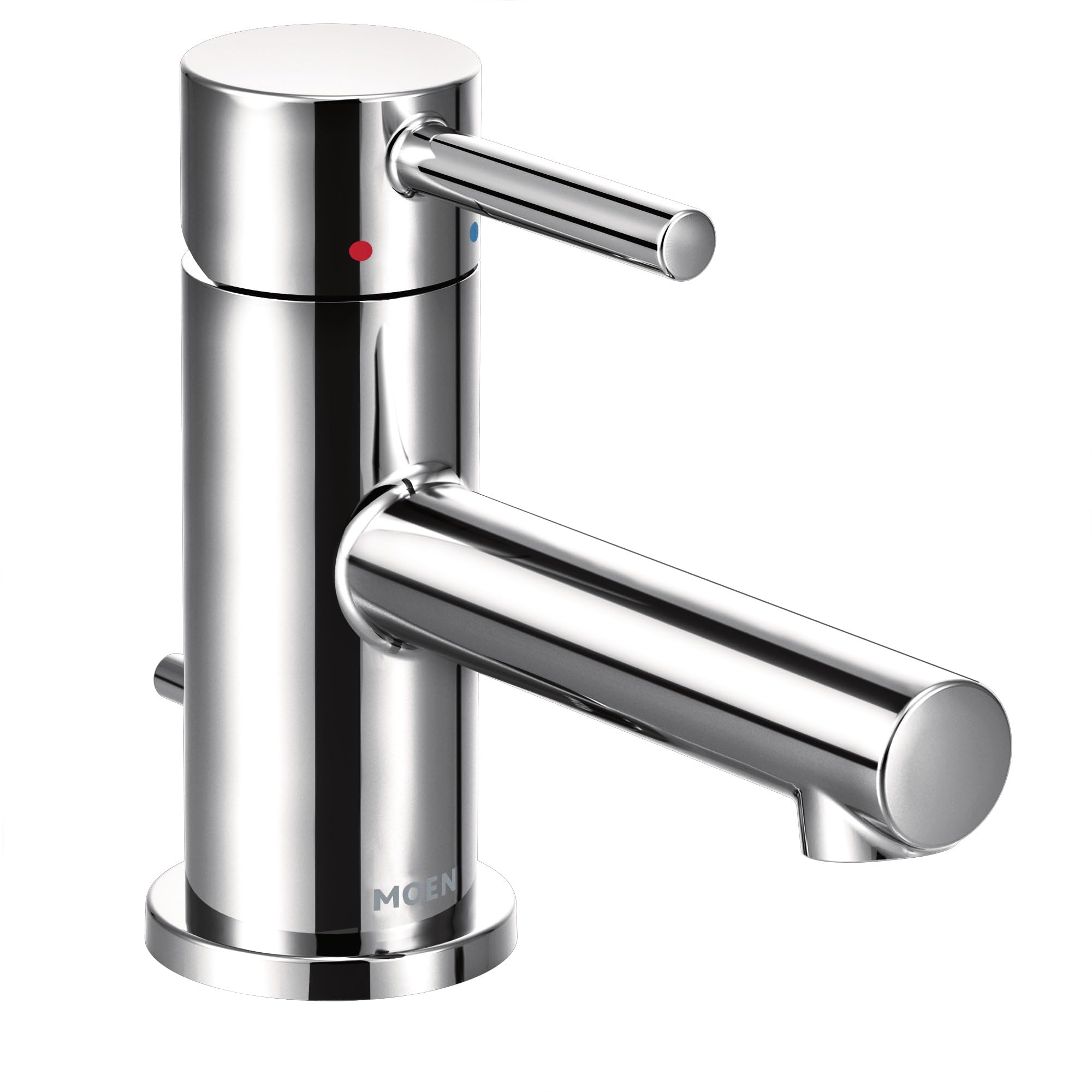Chrome single-handle bathroom faucet with cylindrical body, one spout, and red and blue indicator dots on upper valve.