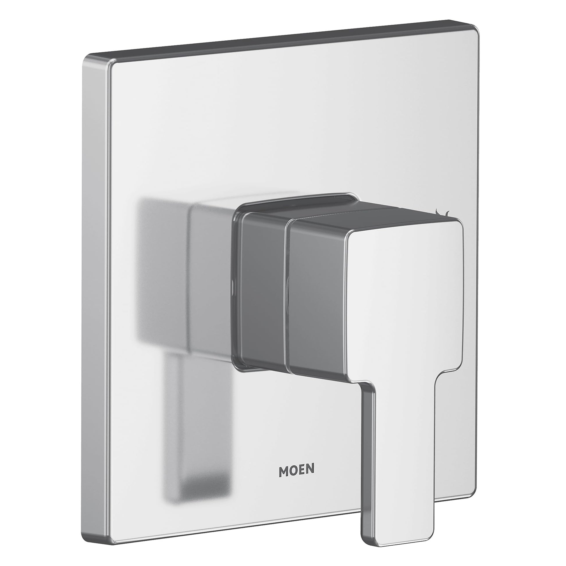 Chrome shower trim kit with single rectangular handle and matching square escutcheon plate.