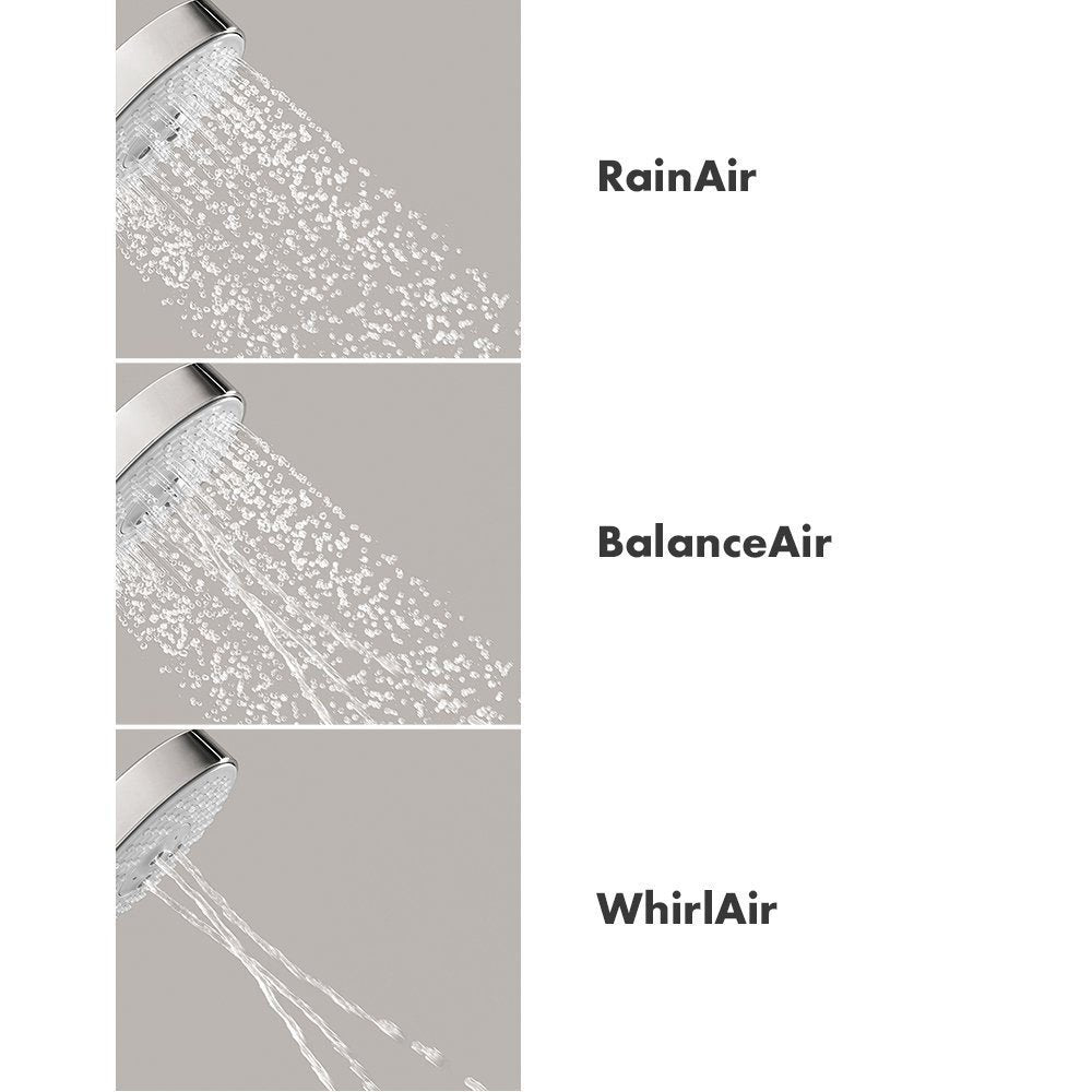 Brushed nickel handshower displaying three spray patterns: RainAir, BalanceAir, and WhirlAir water streams.