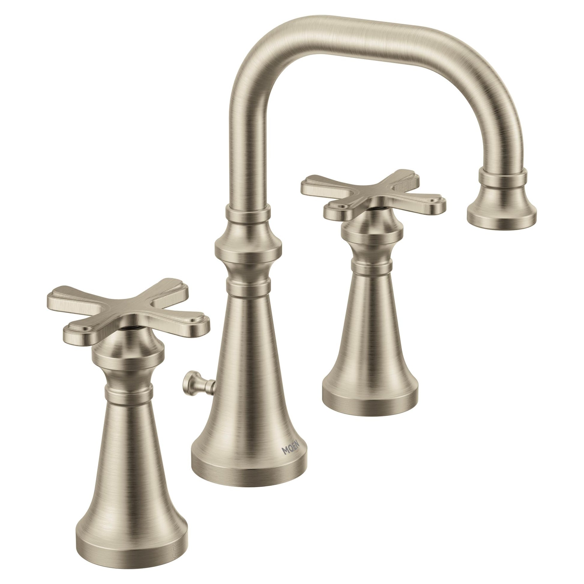 Brushed nickel wall-mount bathroom faucet with curved spout and cross handles on conical bases.