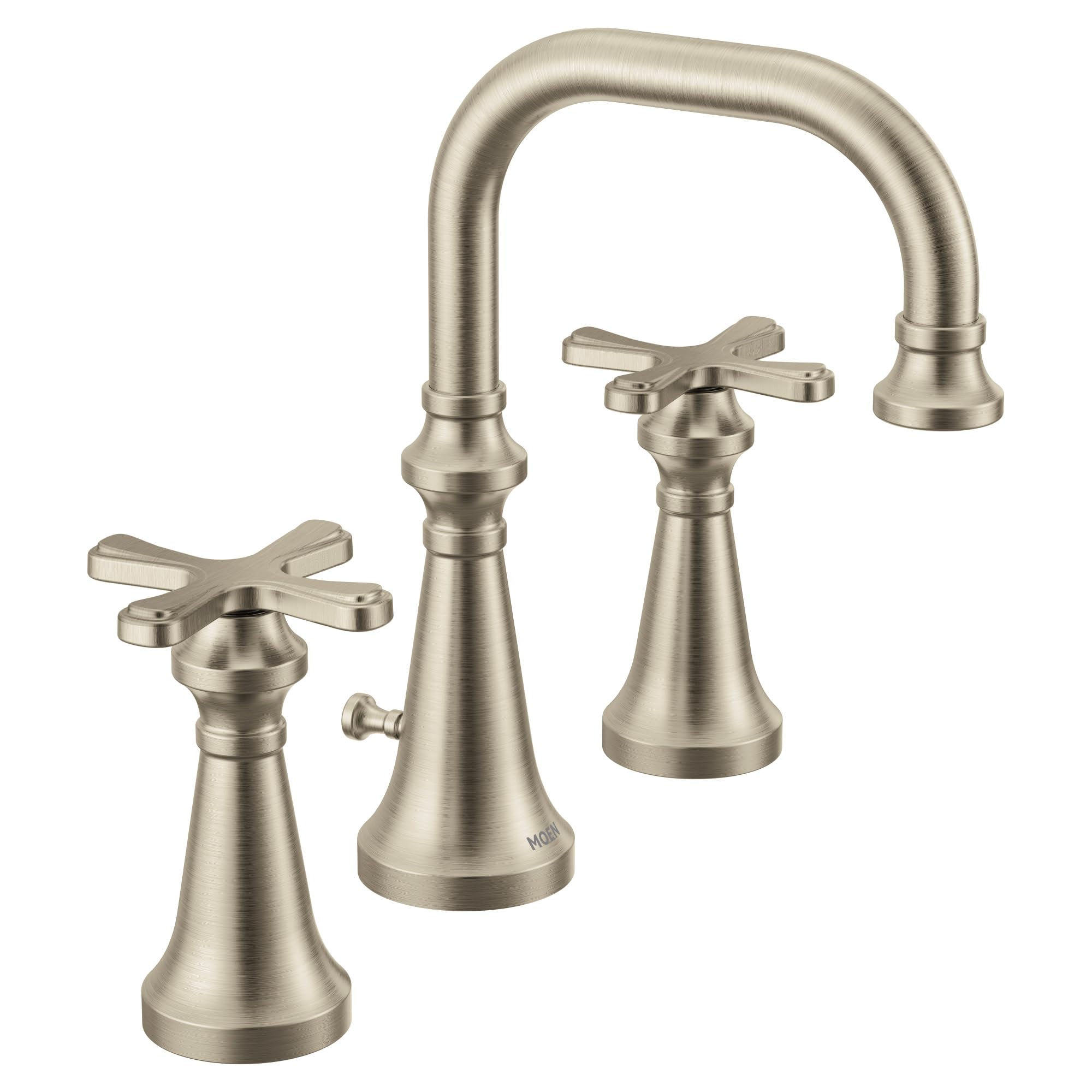Brushed nickel two-handle bathroom faucet with high arc spout and cross handles.