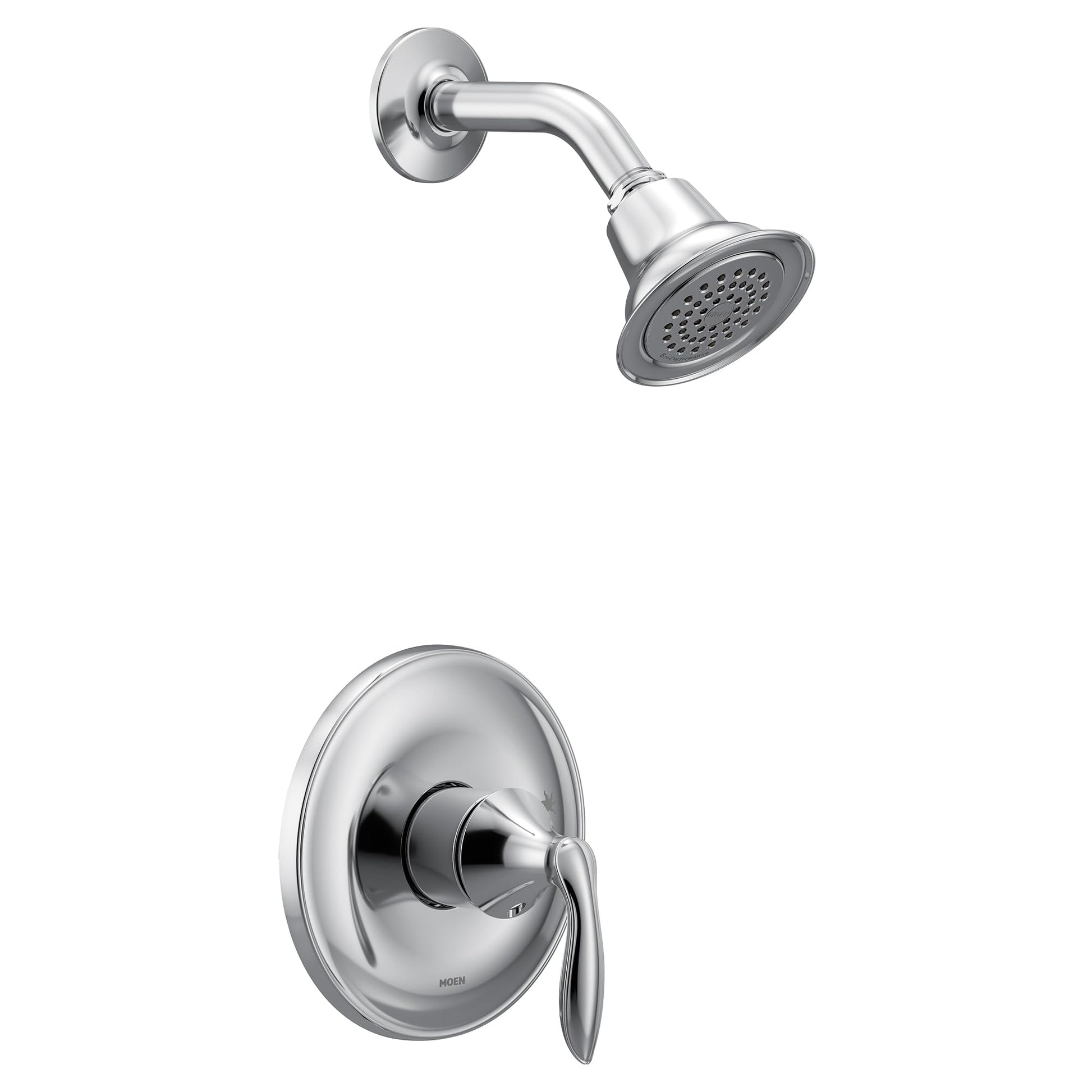 Chrome shower trim kit with single lever handle, round escutcheon plate, curved arm, and perforated showerhead.