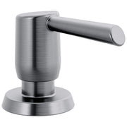 Brushed stainless steel soap dispenser with cylindrical pump lever and round base.