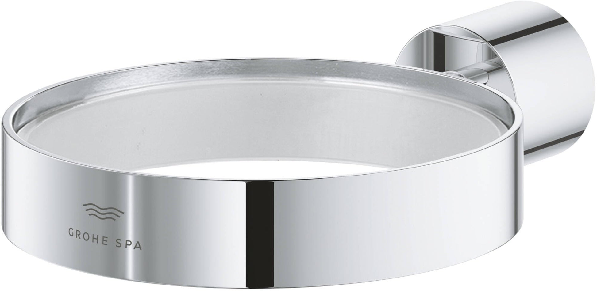 Chrome cylindrical holder with polished finish and curved mounting bracket on right side.