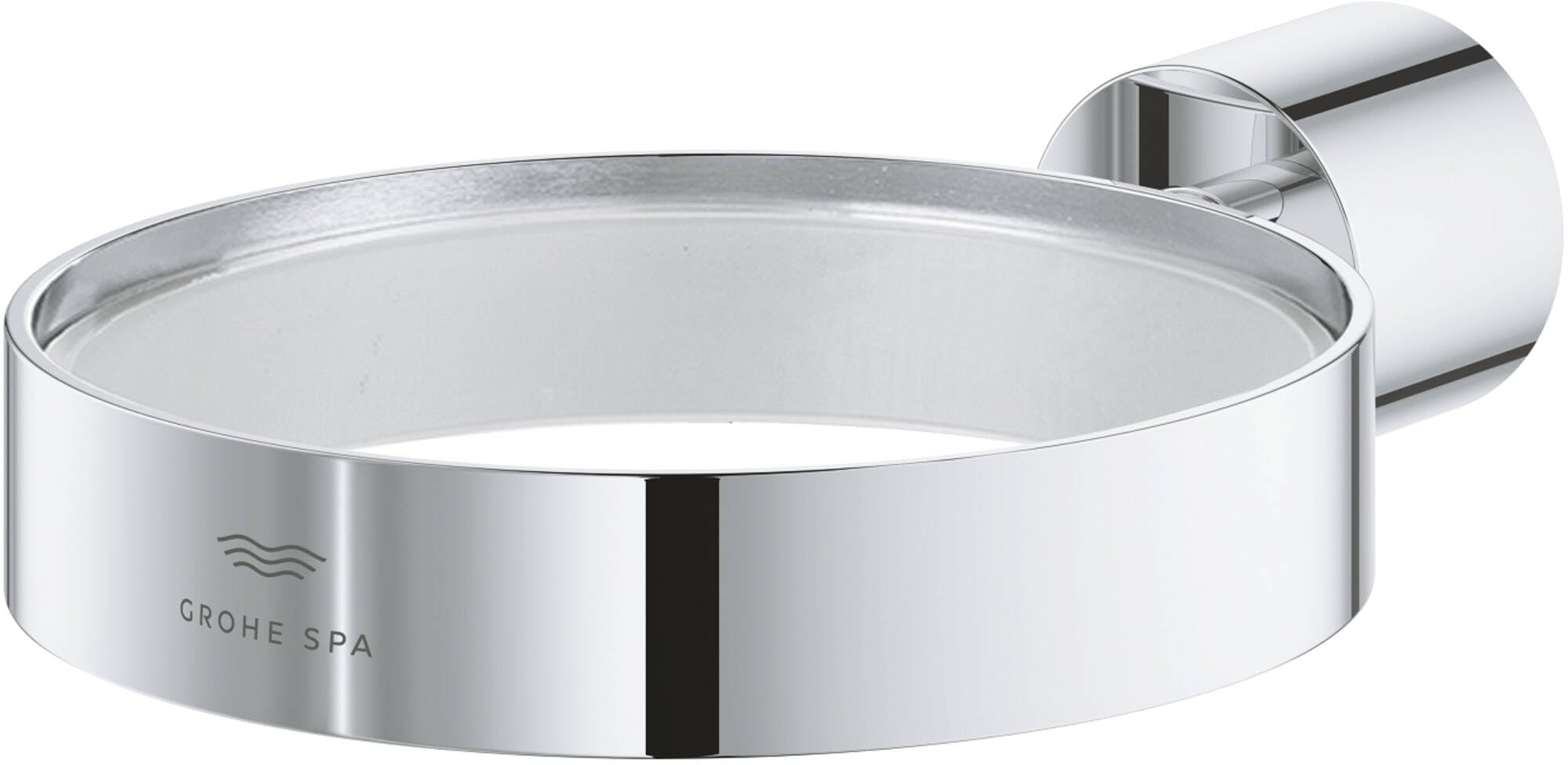Chrome cylindrical holder with polished finish and curved mounting bracket on right side.