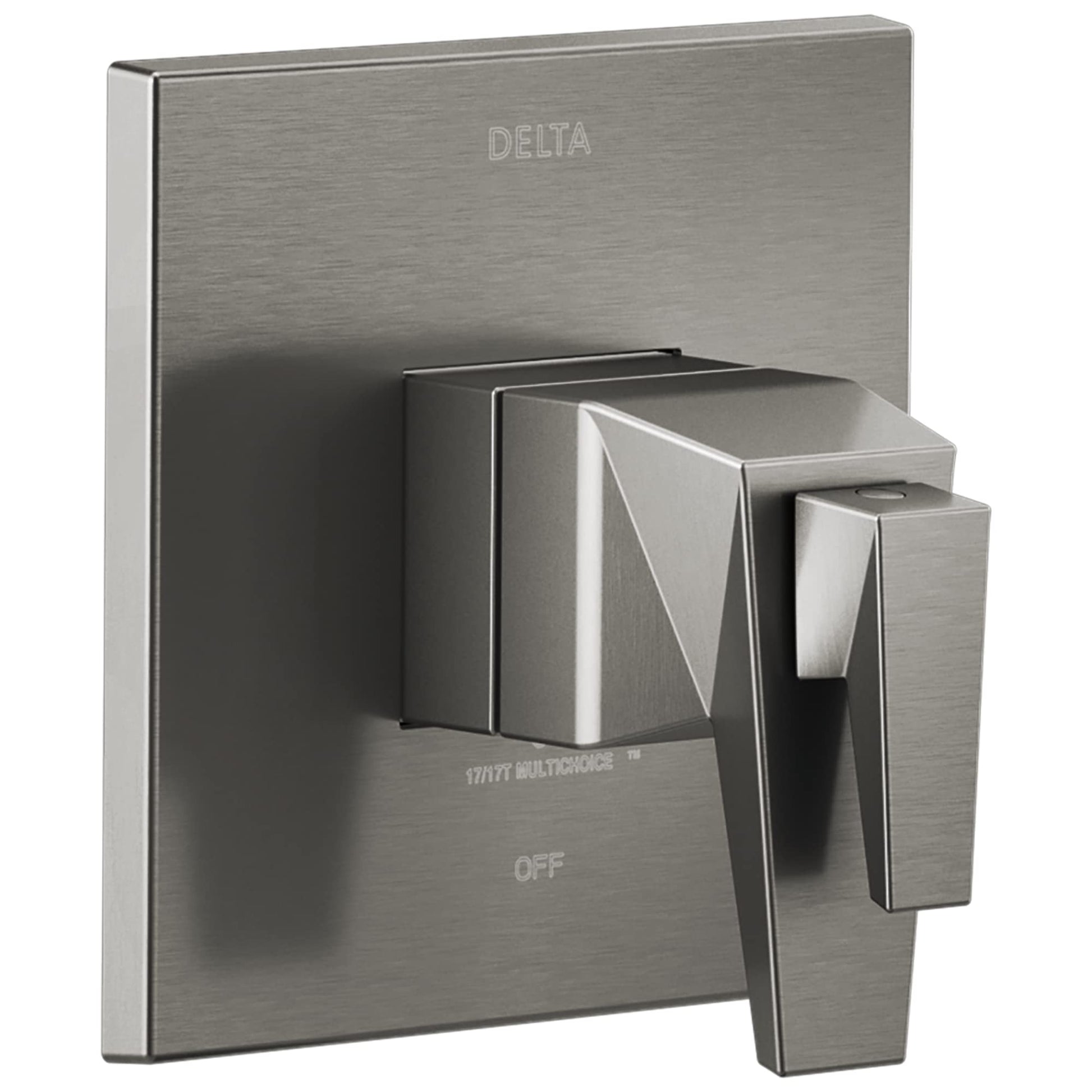 Brushed stainless steel square valve trim with single lever handle and "OFF" marking.