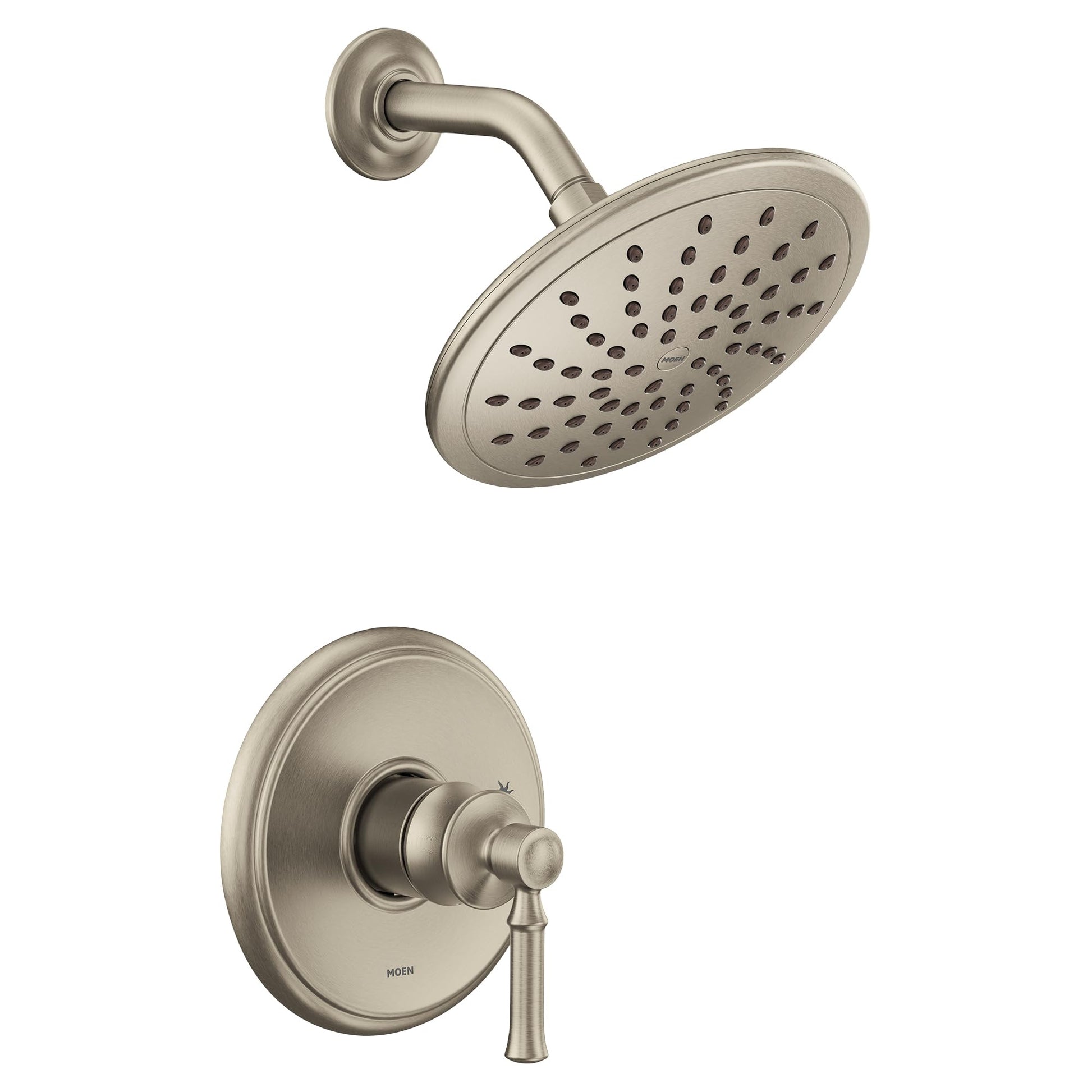 Brushed nickel shower trim kit with round showerhead and single lever handle on circular escutcheon plate.