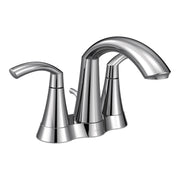 Chrome bathroom faucet with two handles and a high arching spout in a centerset configuration.