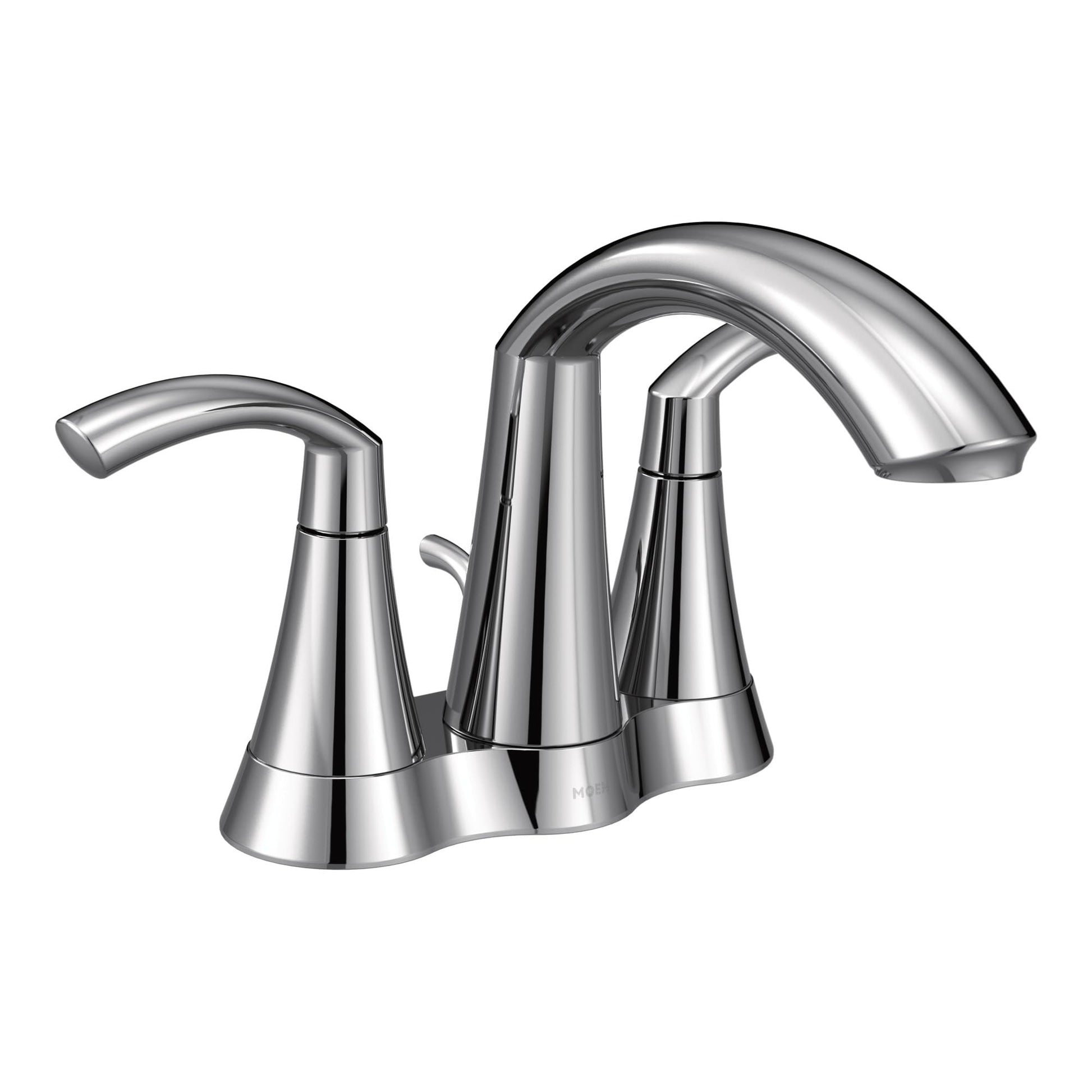 Chrome bathroom faucet with two handles and a high arching spout in a centerset configuration.