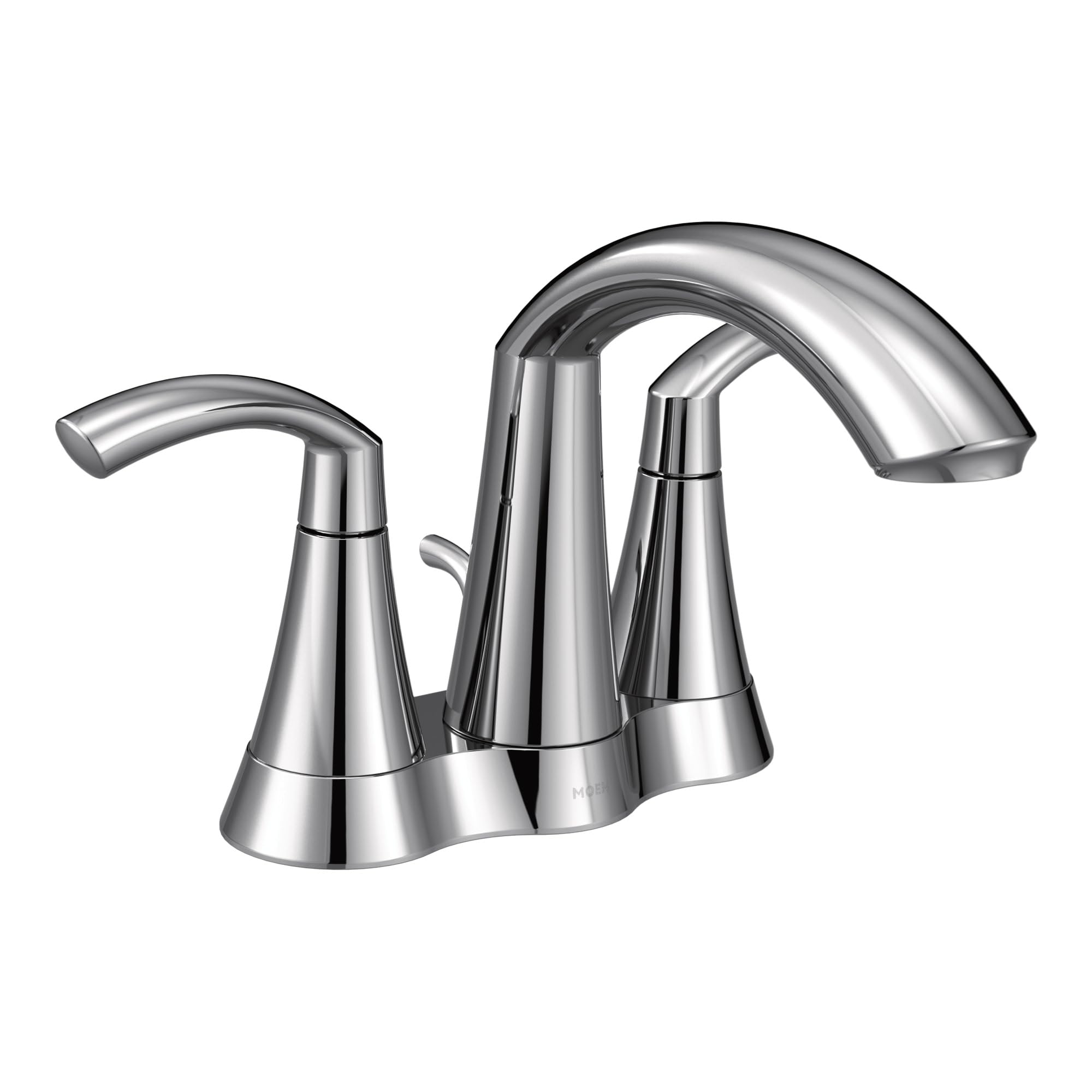 Chrome bathroom faucet with two handles and a high arching spout in a centerset configuration.