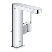 Chrome single-hole bathroom faucet with single handle lever and curved spout.