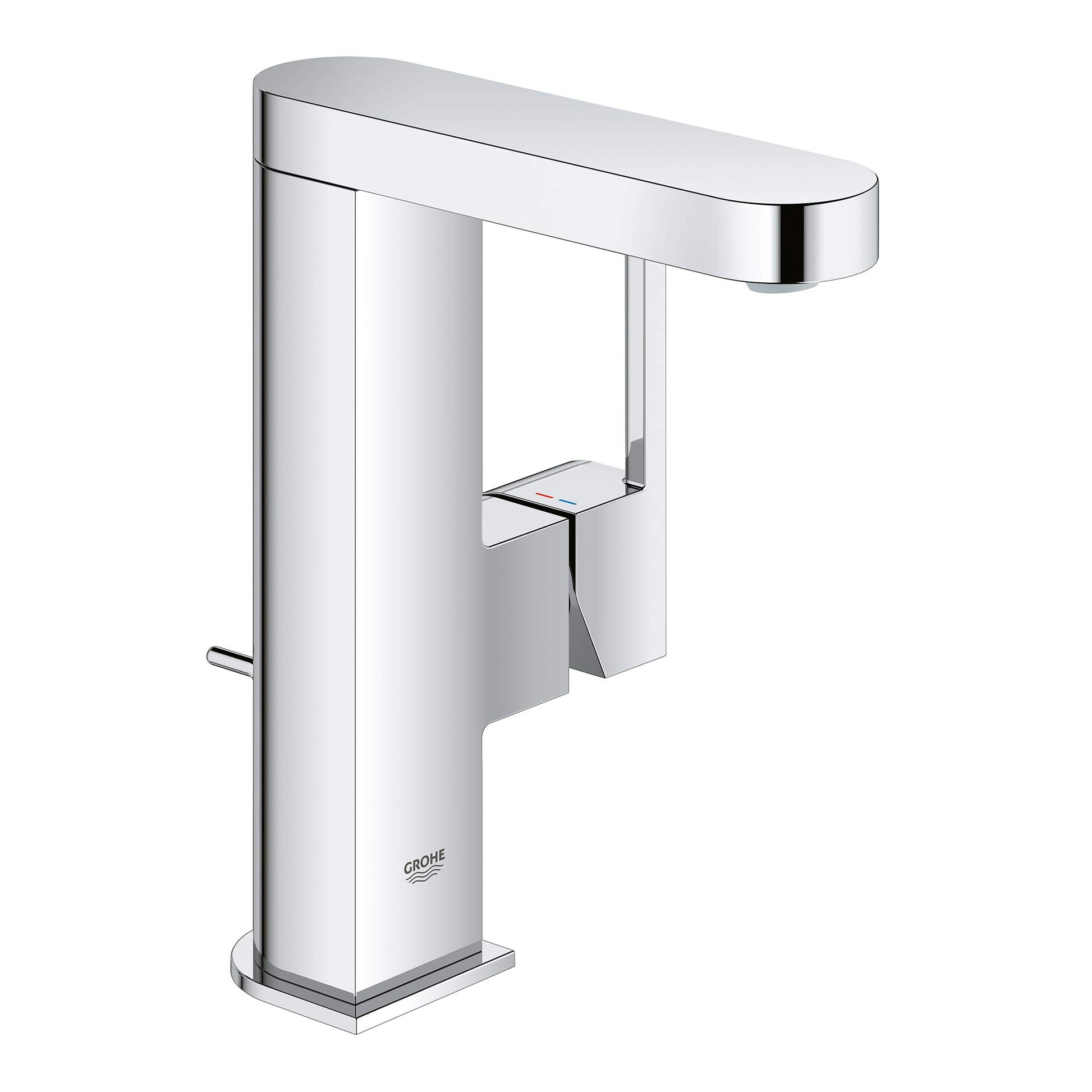 Chrome single-hole bathroom faucet with single handle lever and curved spout.