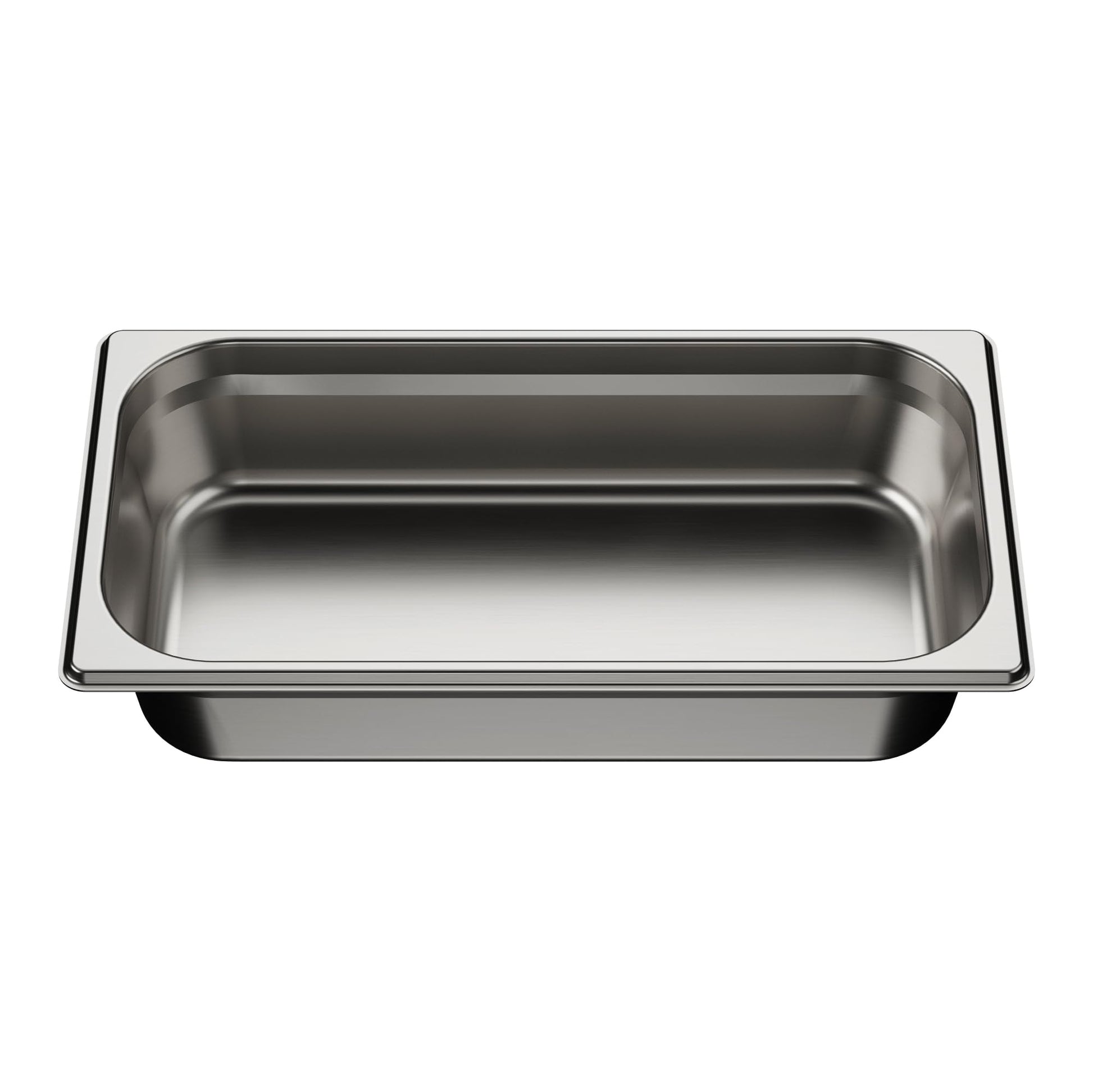 Rectangular stainless steel sink tray with rounded corners and raised rim, shown from above at an angle.