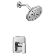 Chrome shower trim kit with single handle lever control, round showerhead with multiple spray ports, and curved arm mount.