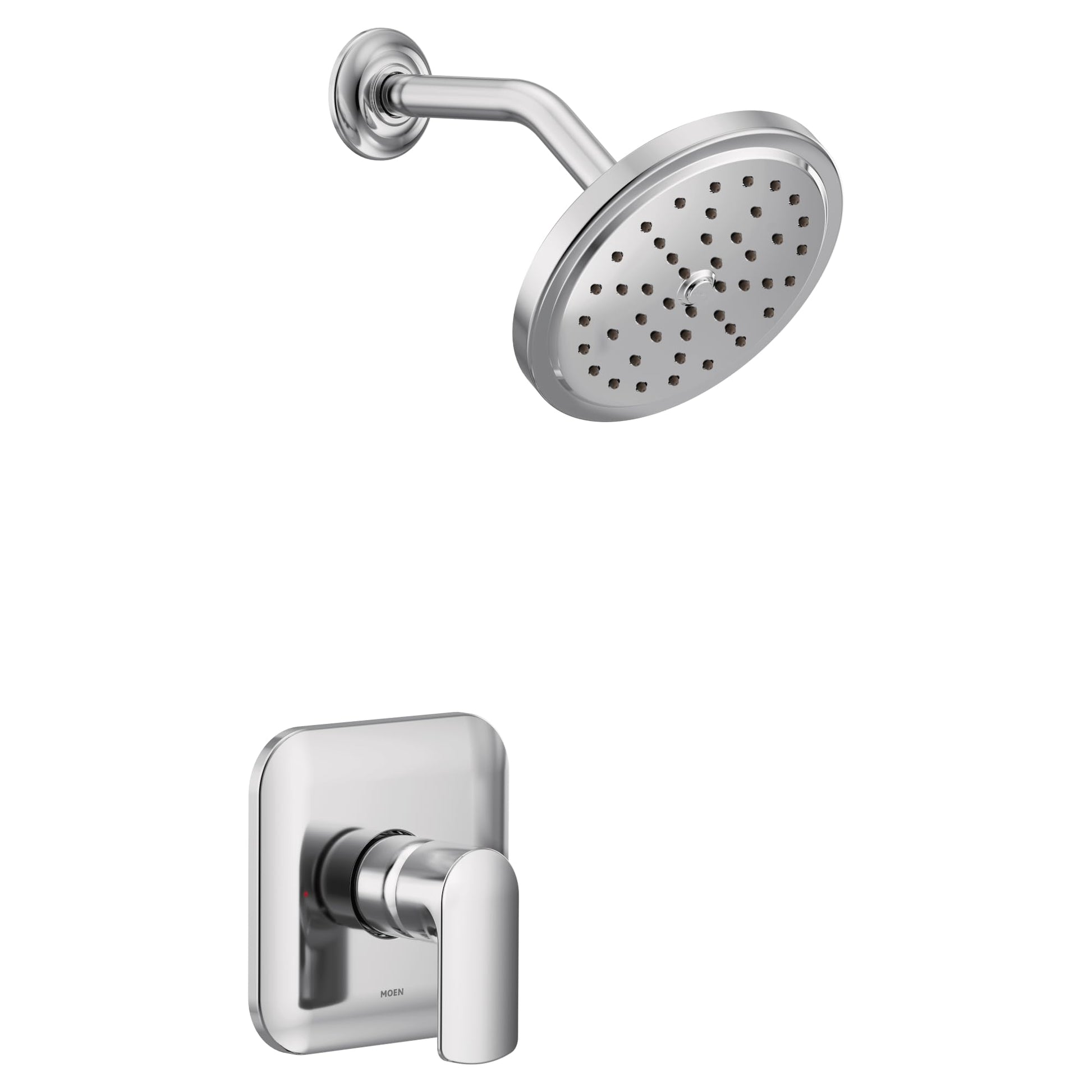 Chrome shower trim kit with single handle lever control, round showerhead with multiple spray ports, and curved arm mount.