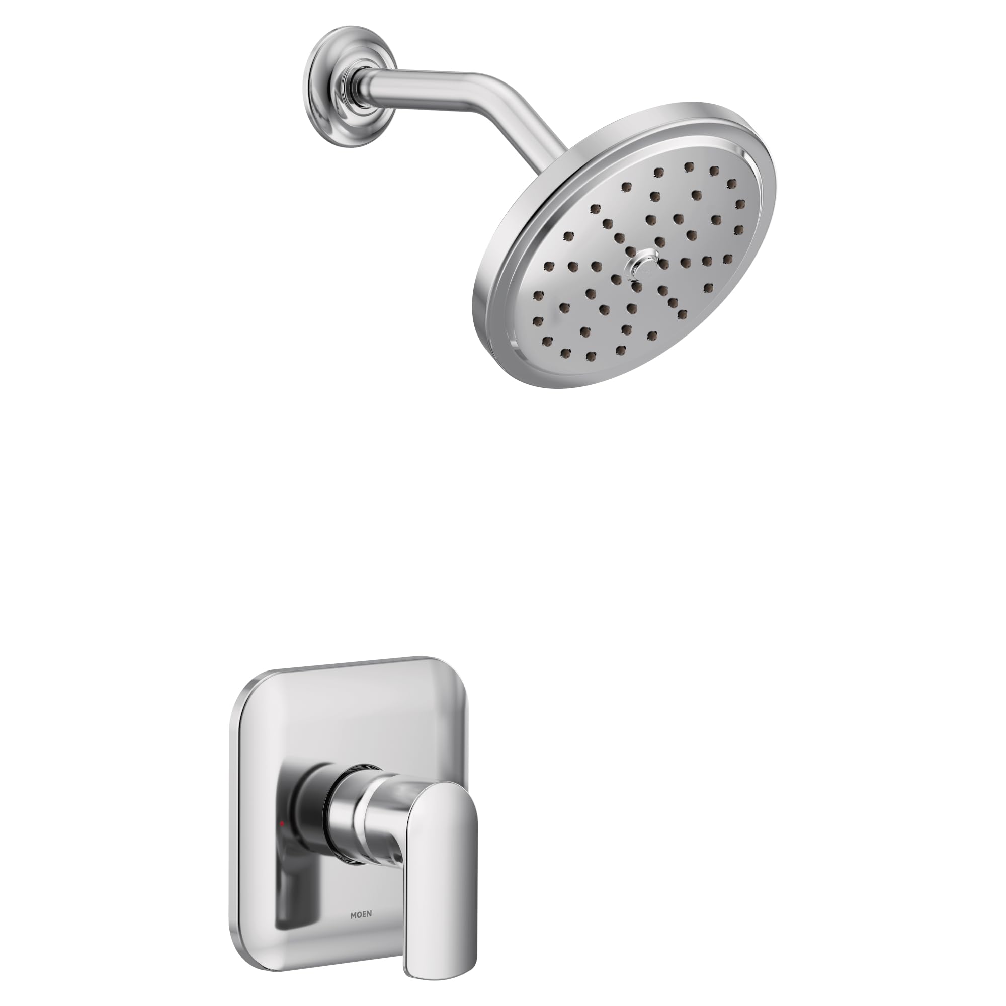 Chrome shower trim kit with single handle lever control, round showerhead with multiple spray ports, and curved arm mount.