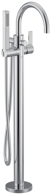 Chrome freestanding floor mount tub filler with curved spout, single handle, and detachable handshower on hose.