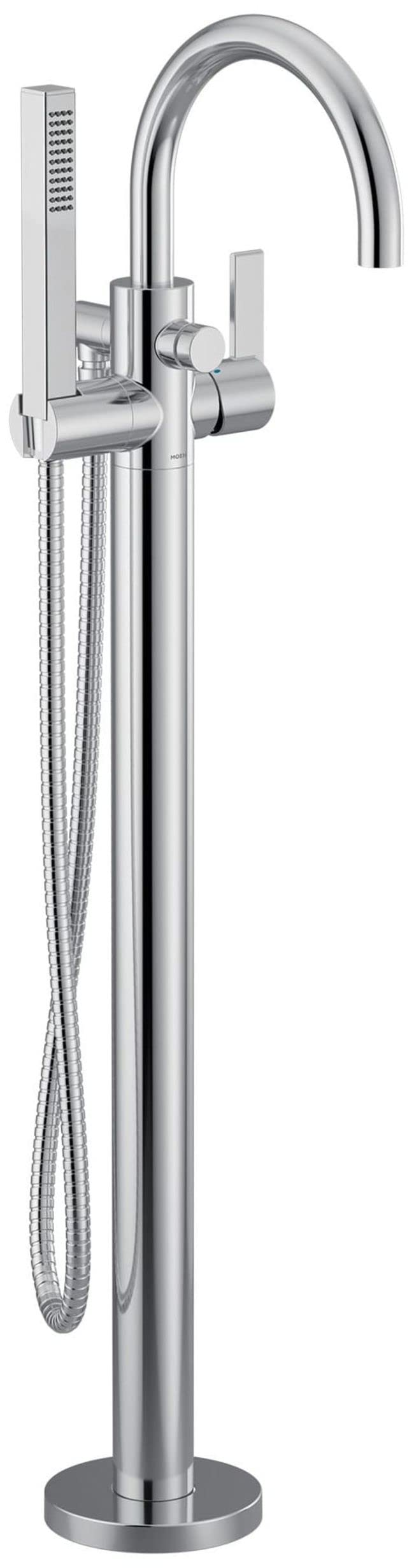 Chrome freestanding floor mount tub filler with curved spout, single handle, and detachable handshower on hose.
