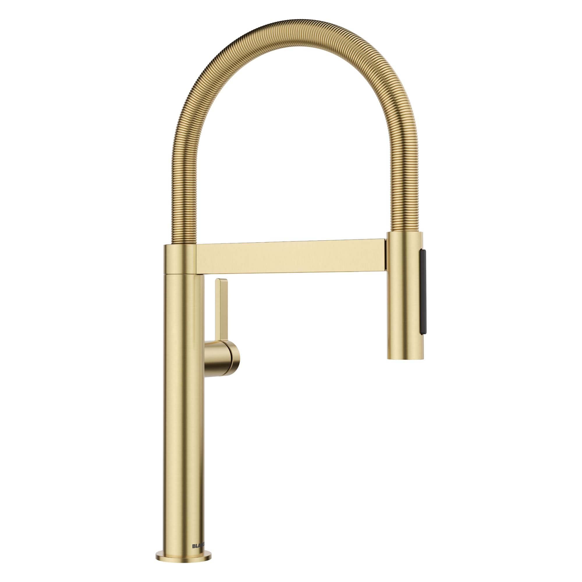 Satin gold kitchen faucet with single handle lever and flexible coiled spray hose.