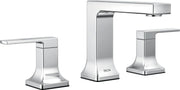 Chrome bathroom faucet with two handles, curved spout, and squared base in widespread configuration.