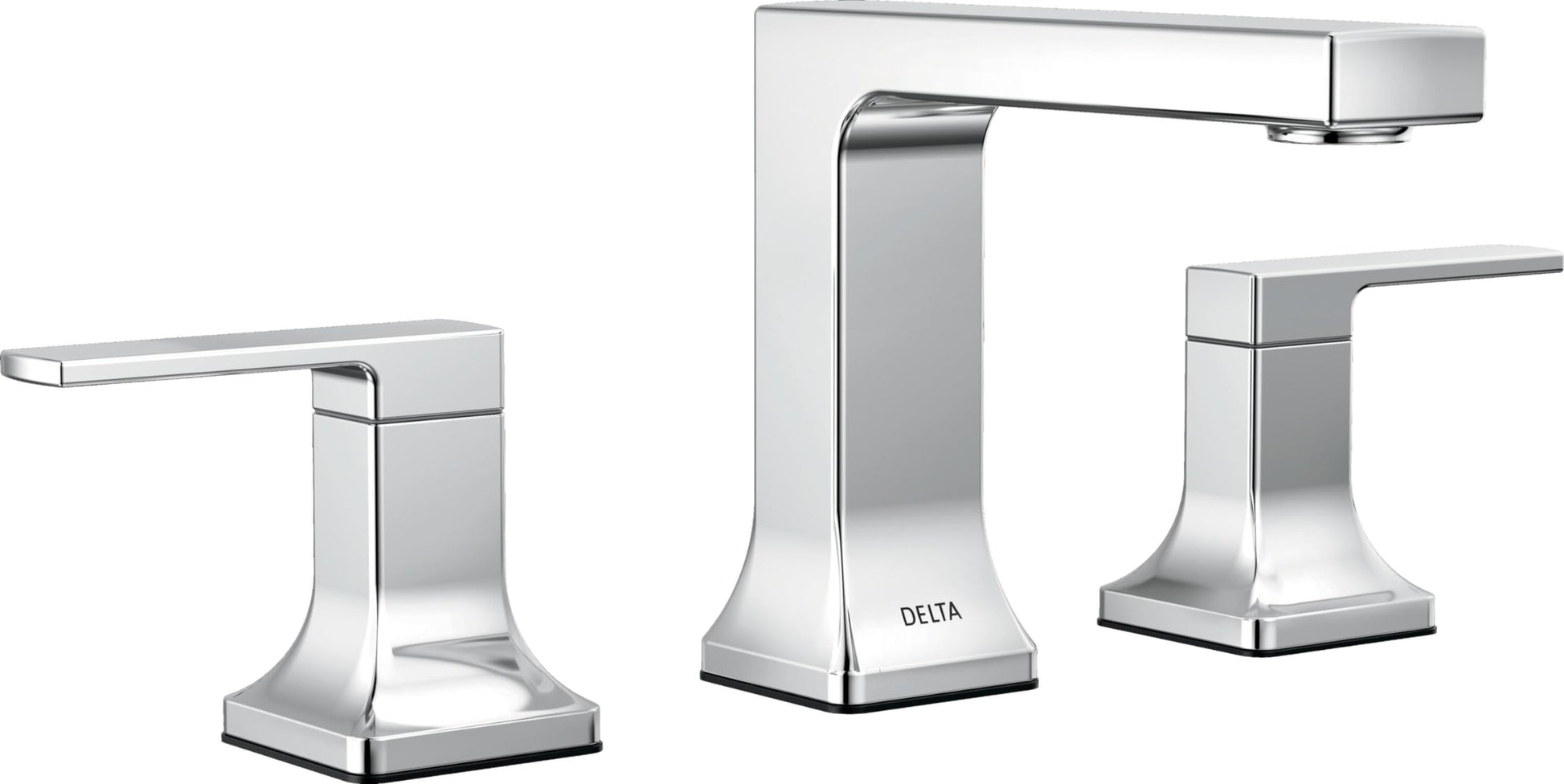 Chrome bathroom faucet with two handles, curved spout, and squared base in widespread configuration.