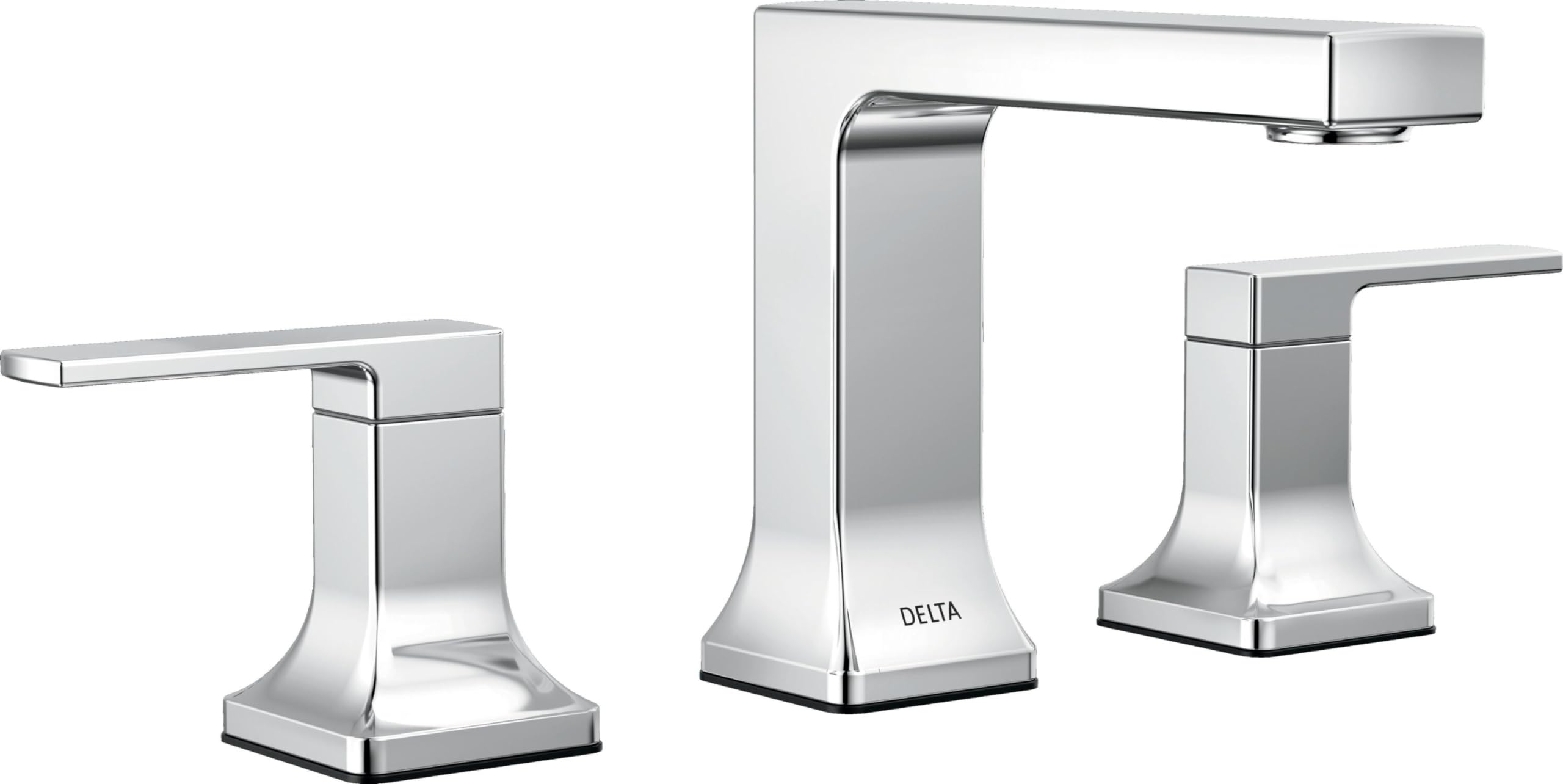 Chrome bathroom faucet with two handles, curved spout, and squared base in widespread configuration.