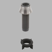 Stainless steel spray support assembly with threaded shaft and black plastic retaining collar, shown assembled and disassembl