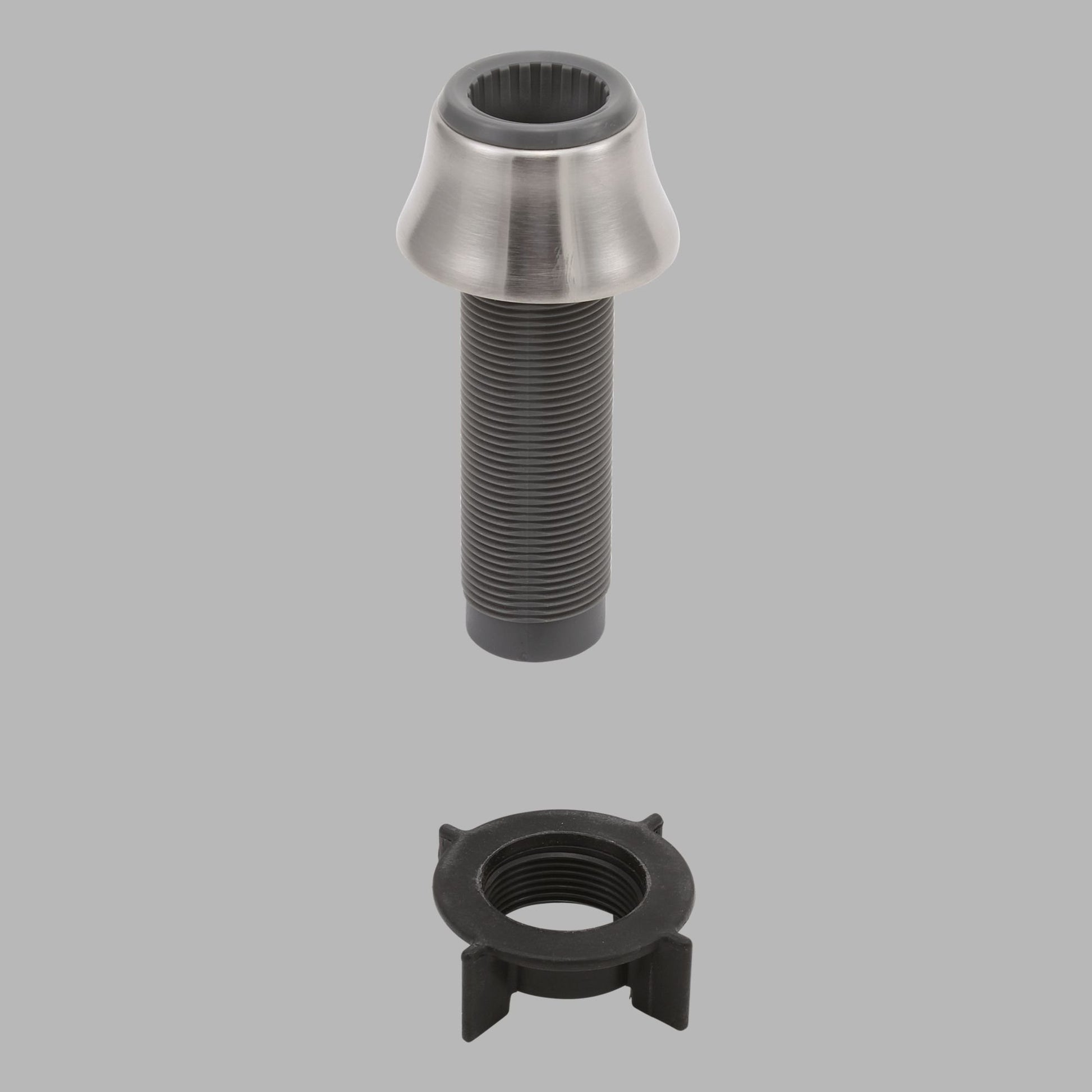 Stainless steel spray support assembly with threaded shaft and black plastic retaining collar, shown assembled and disassembl