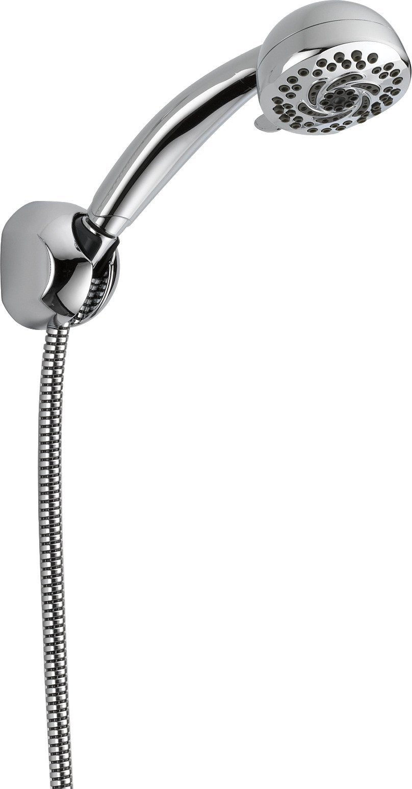 Chrome hand shower head with multiple spray holes, curved arm, wall mount bracket, and flexible hose connection.