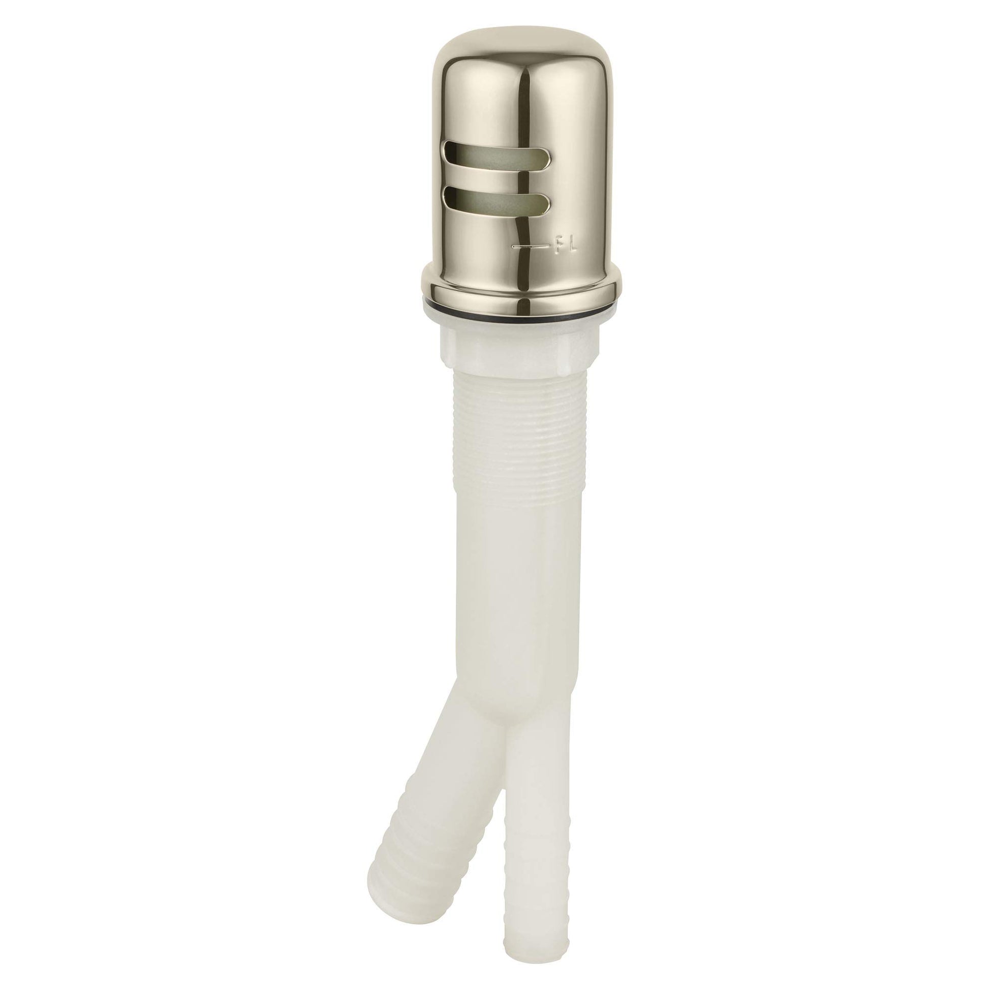 Polished nickel air gap with white plastic connector tube and dual outlet ports.