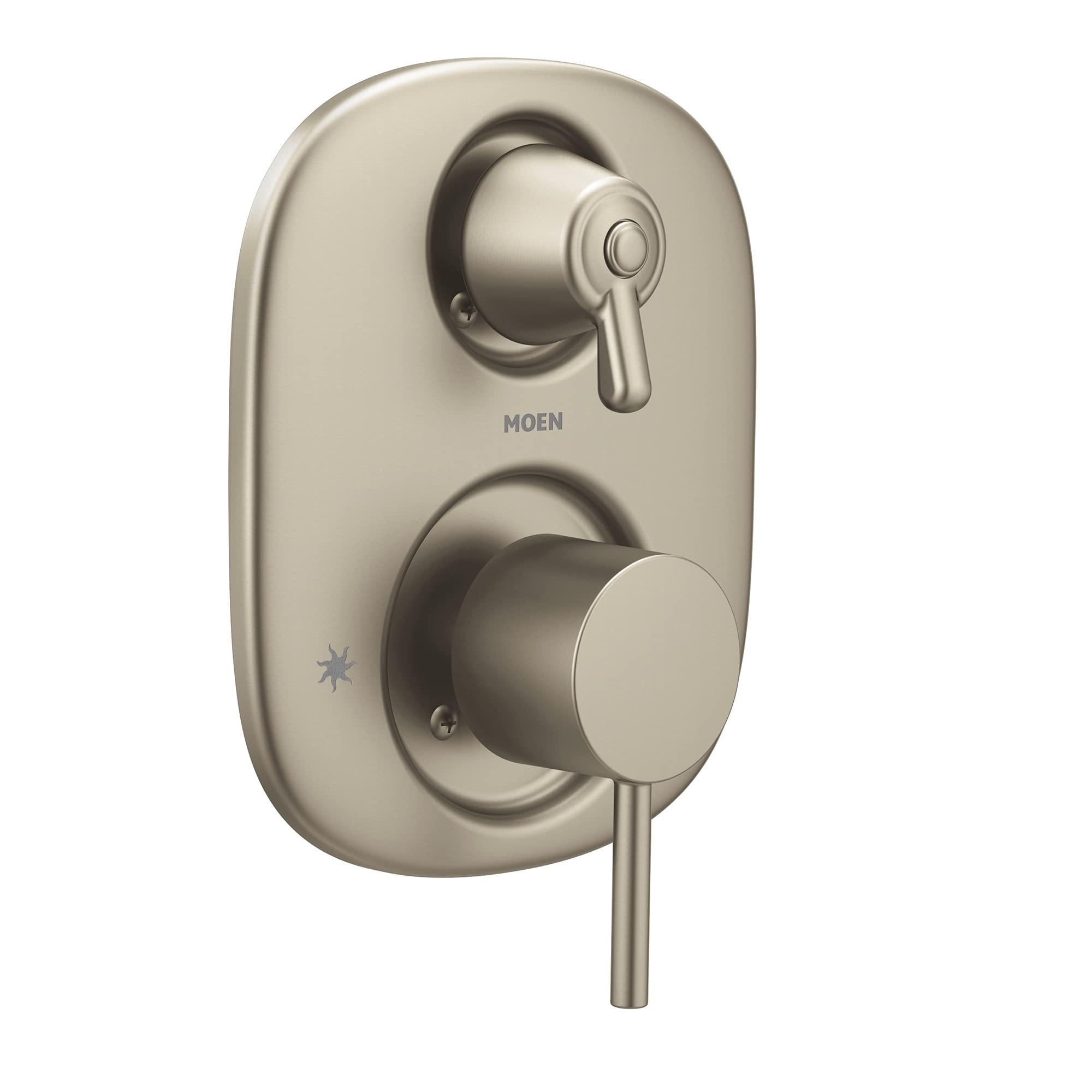 Brushed nickel shower valve trim kit with upper lever handle and lower round dial control on oval escutcheon plate.