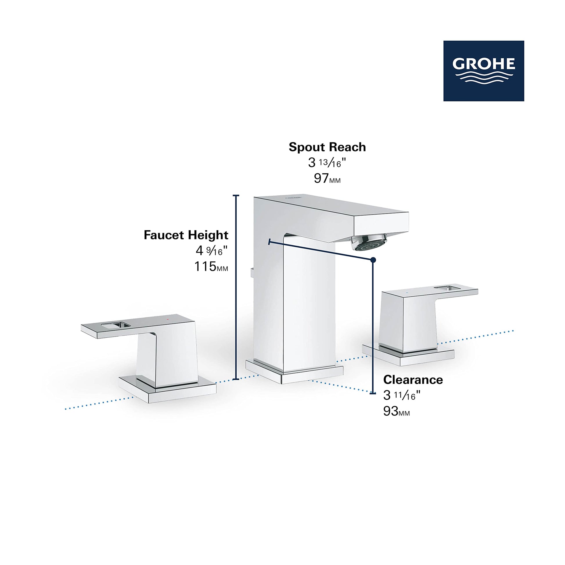 Grohe Eurocube widespread bathroom faucet with two handles and centered spout in hard graphite finish, shown with dimensions.