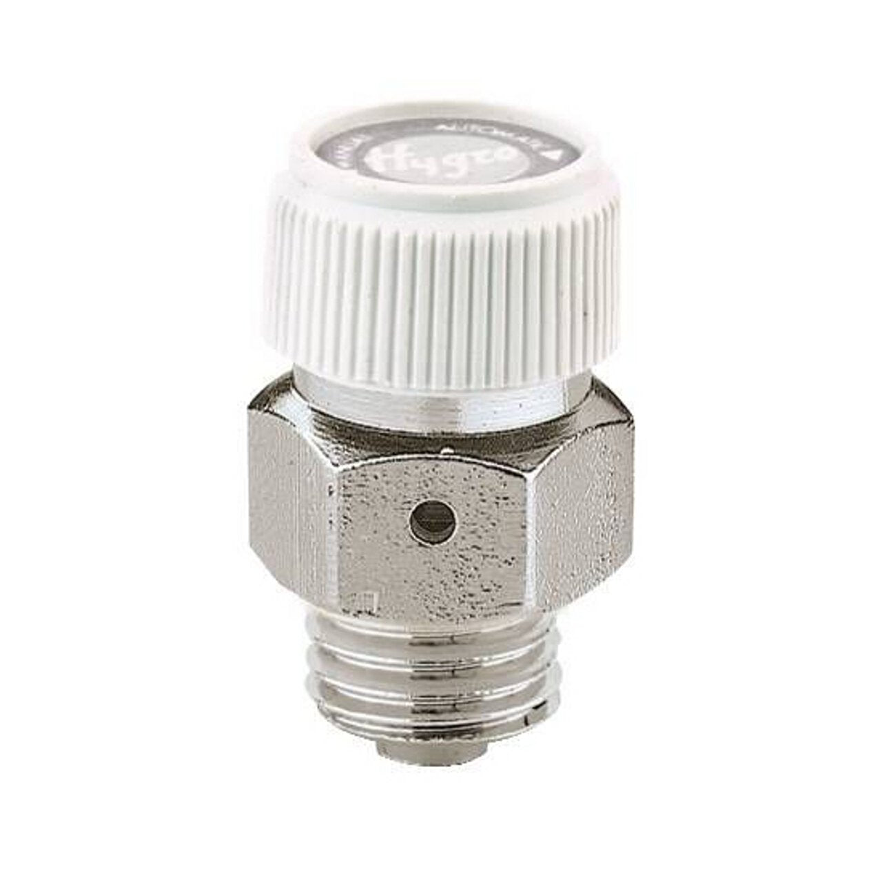 Caleffi hygroscopic air vent with white cap, metal hexagonal body, and male NPT threaded connection.