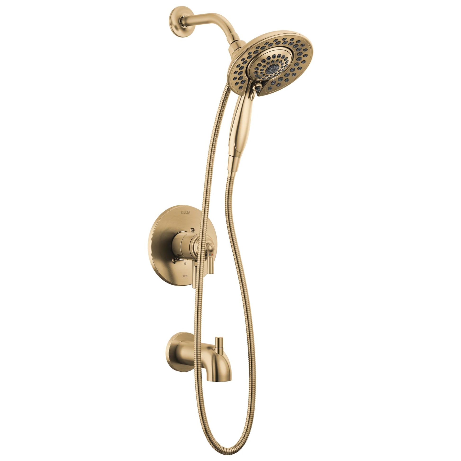 Champagne bronze tub and shower trim with round showerhead, handheld shower, and wall-mounted control valve.