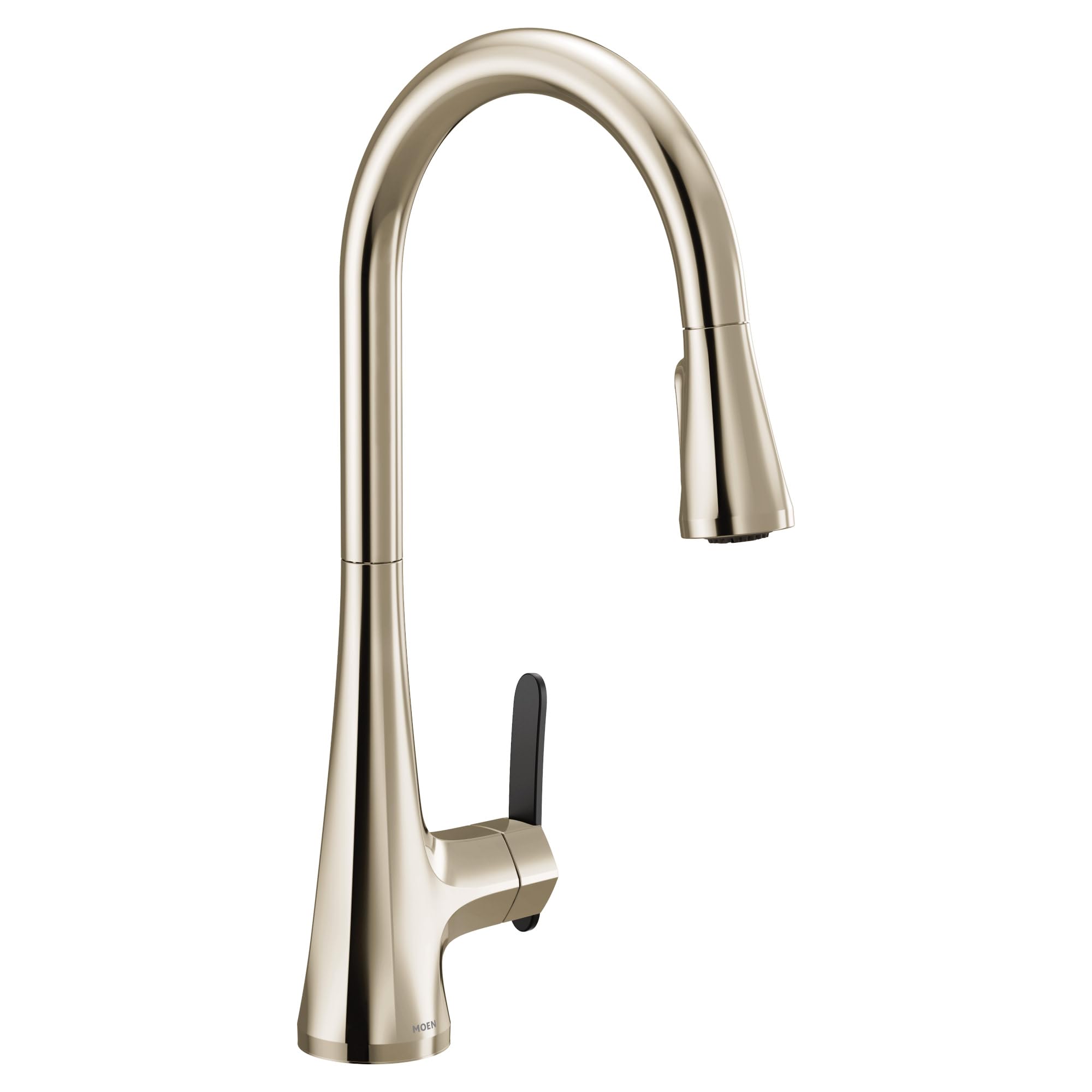 Polished nickel high-arc pulldown kitchen faucet with single black handle and retractable spray head.
