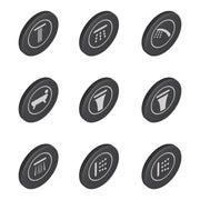Nine frosted granite circular caps with white icons representing different water spray and function settings.