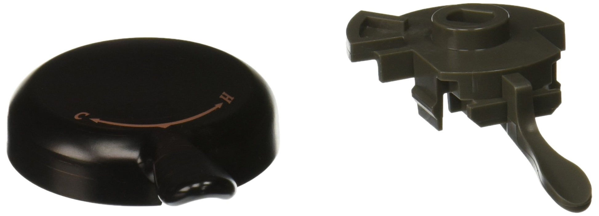 Black round temperature control knob with curved indicator line and matching mounting bracket with lever handle.