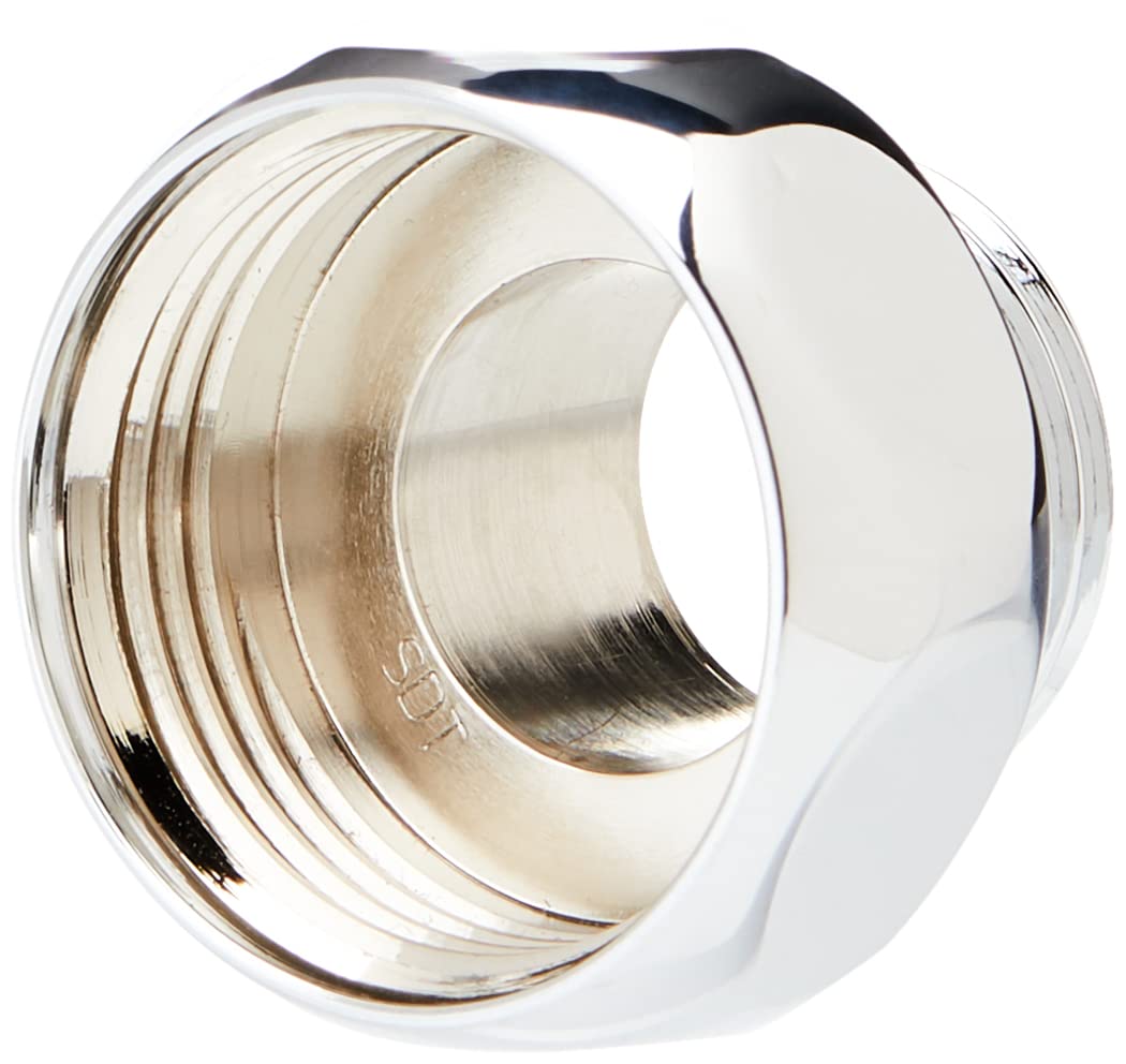 Chrome plated brass adapter with 1/2" threaded connection on one end and 1/4" opening on the opposite end.