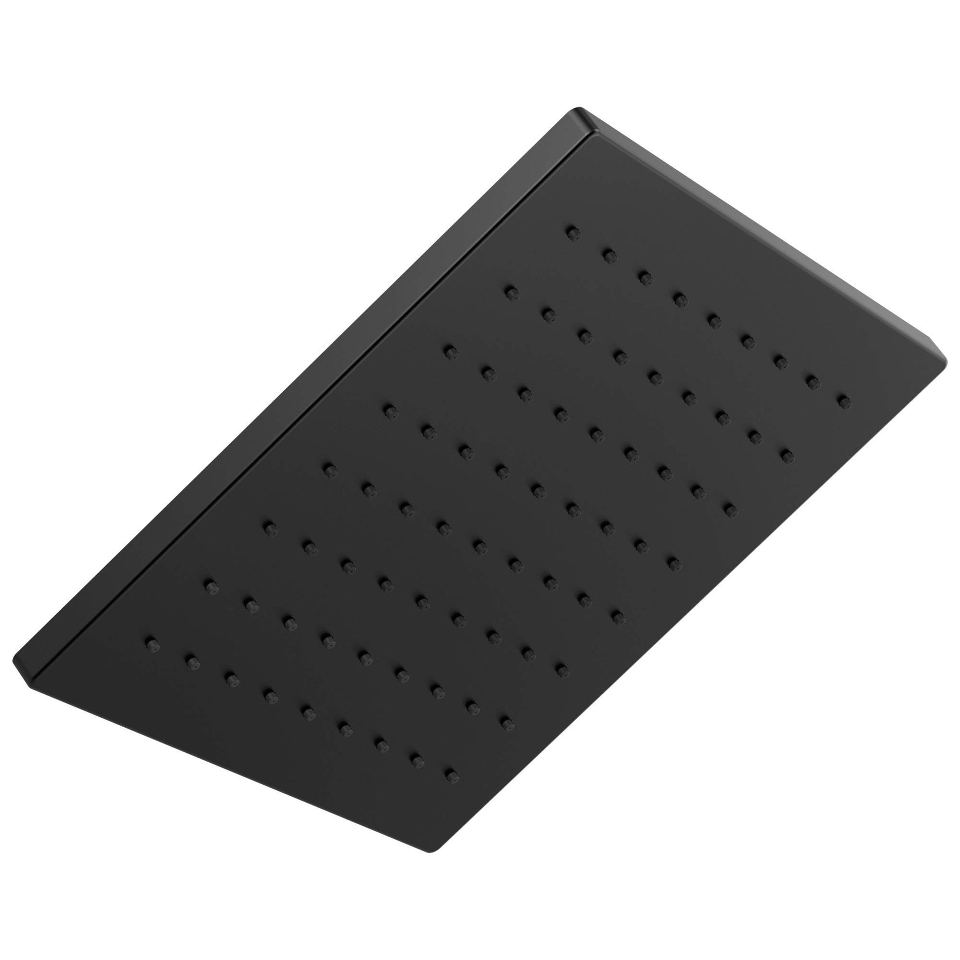 Square black metal raincan shower head with multiple small spray holes across the face.