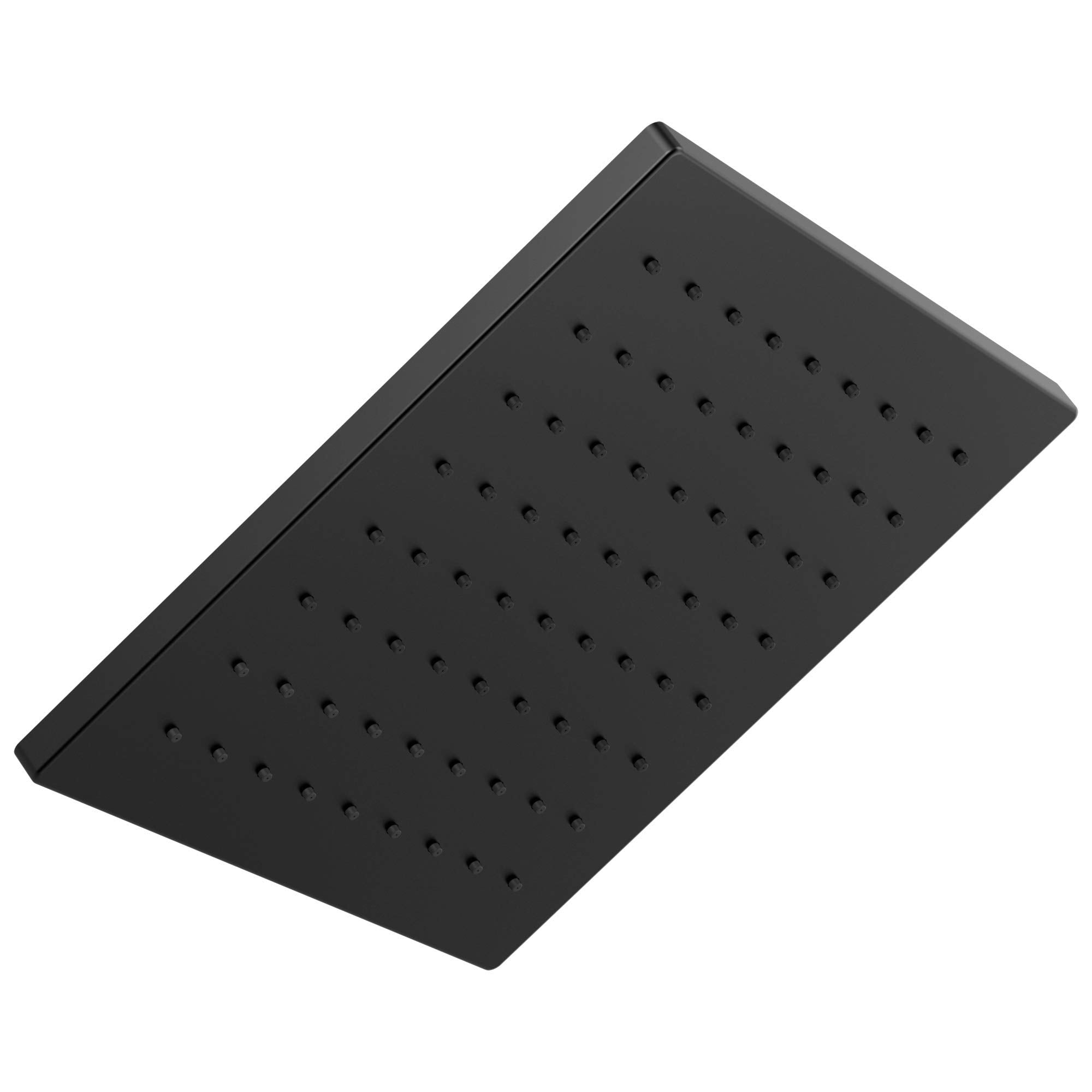 Square black metal raincan shower head with multiple small spray holes across the face.