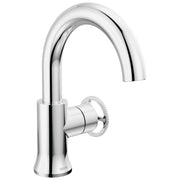 Chrome bathroom faucet with high arc spout and round wheel handle on single base.