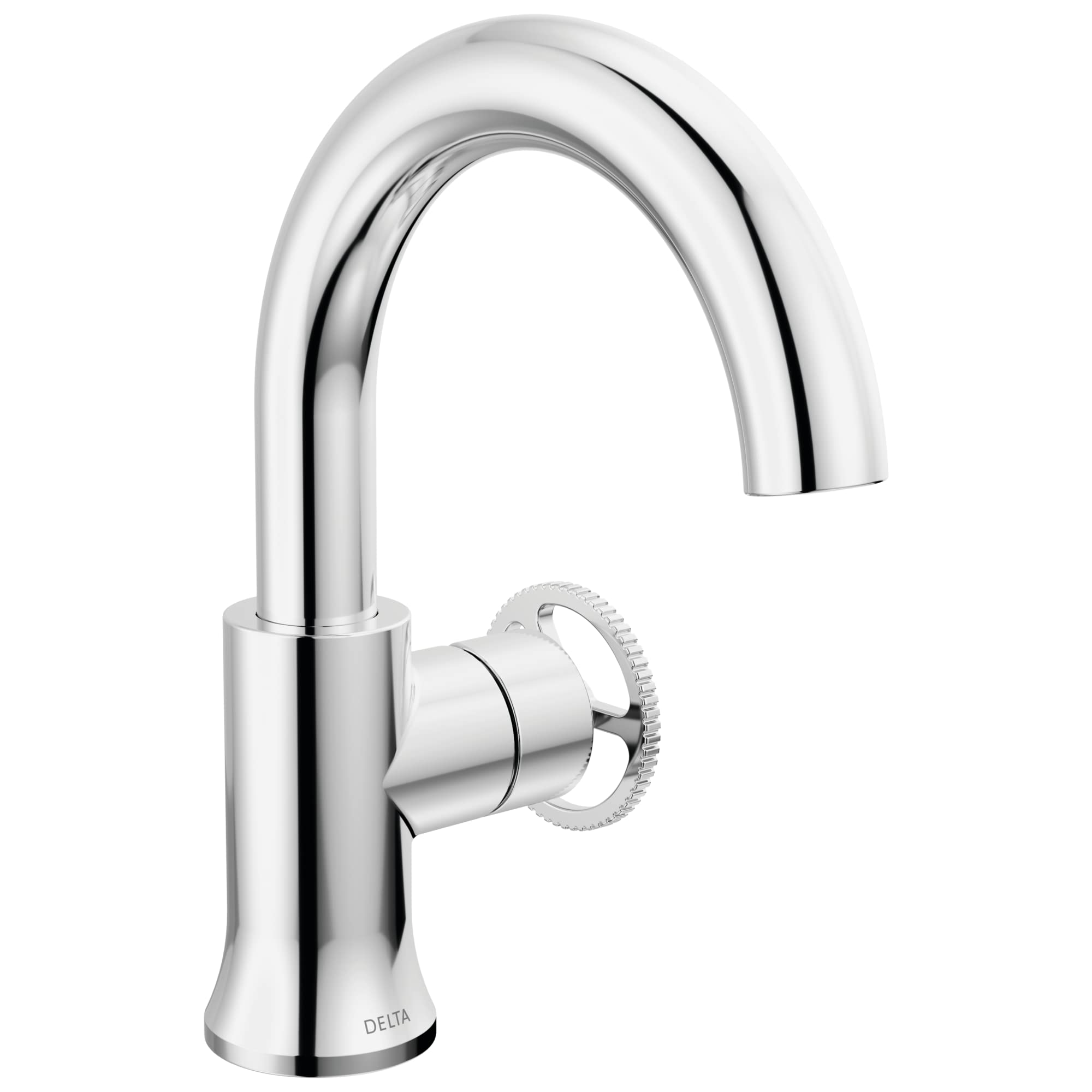 Chrome bathroom faucet with high arc spout and round wheel handle on single base.
