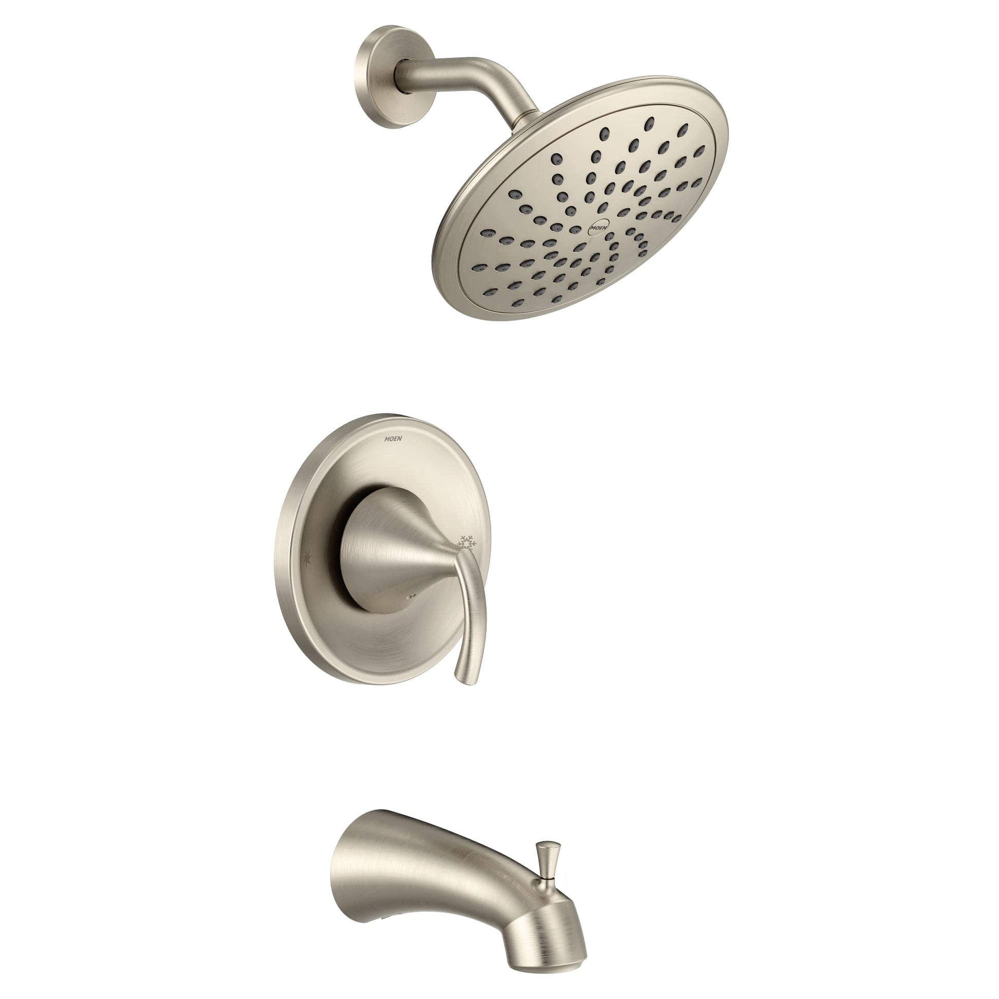 Brushed nickel tub and shower faucet system with round rainshower head, lever handle, and tub spout.