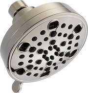 Polished nickel round shower head with multiple spray nozzles and adjustable arm mount.