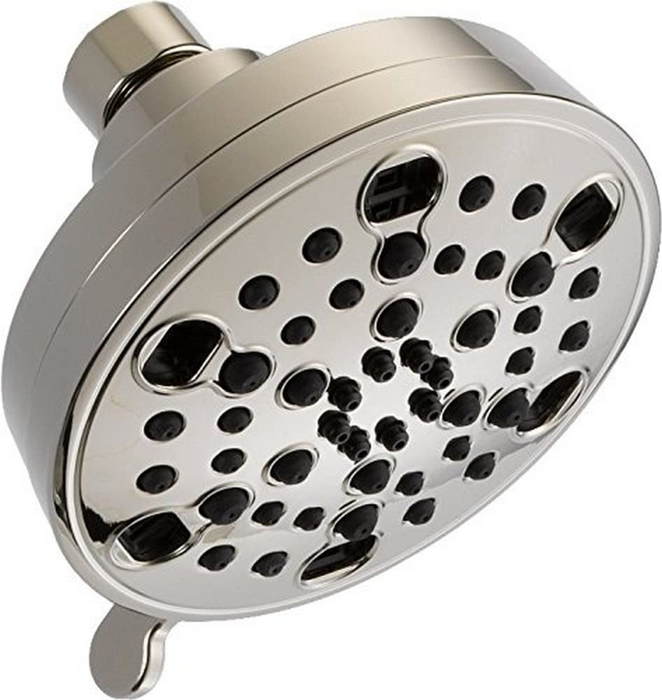 Polished nickel round shower head with multiple spray nozzles and adjustable arm mount.