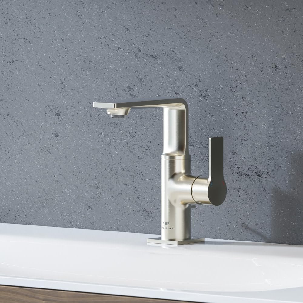 Chrome single-hole bathroom faucet with curved spout and black handle lever on white sink countertop.