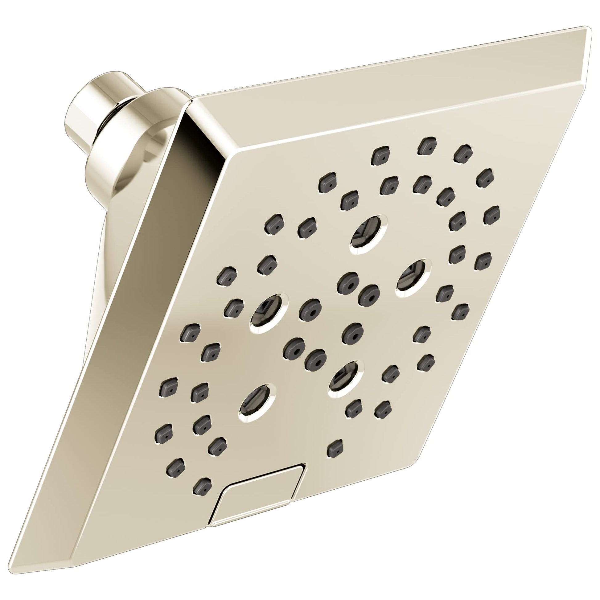 Chrome and beige square raincan showerhead with angled spray jets and rounded connector arm.