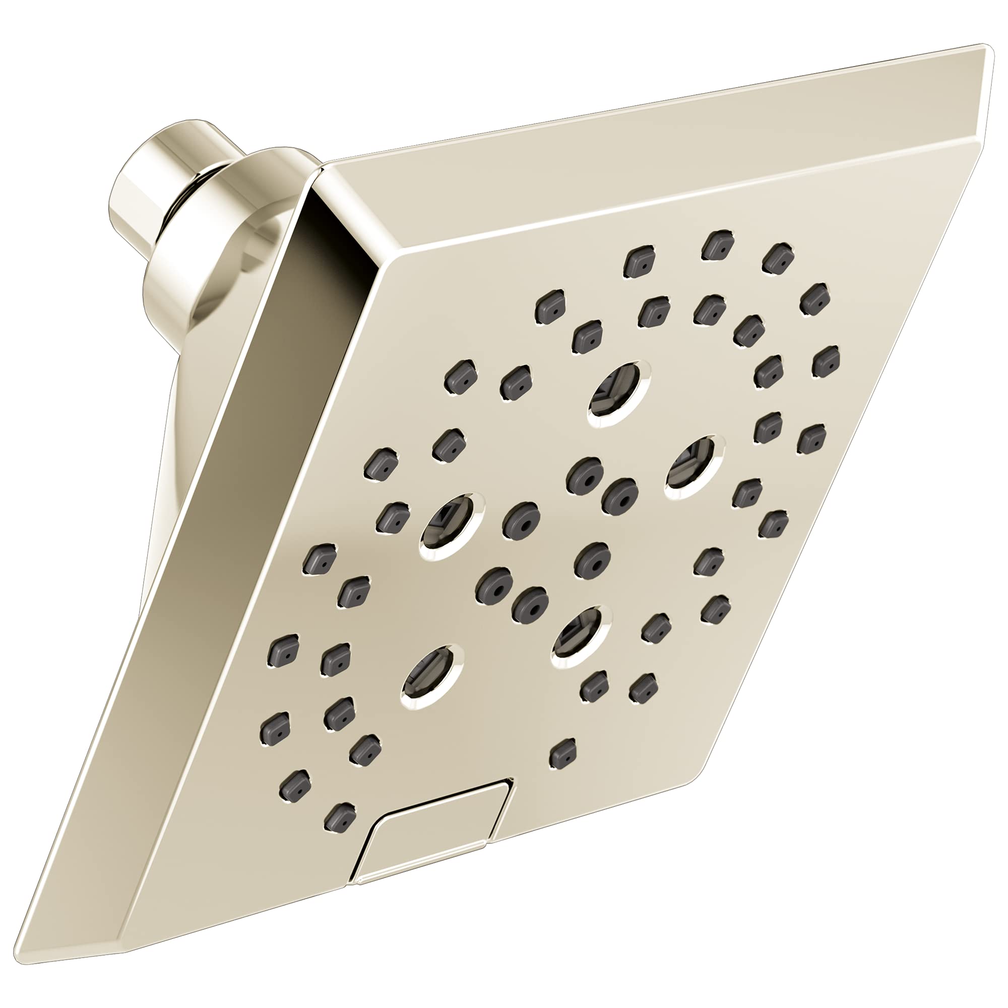 Chrome and beige square raincan showerhead with angled spray jets and rounded connector arm.